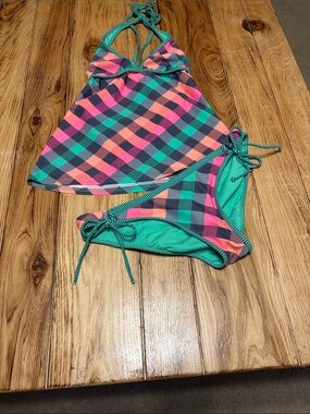 Arizona Jean Company Plaid Tankini Set - Teal, Pink & Navy